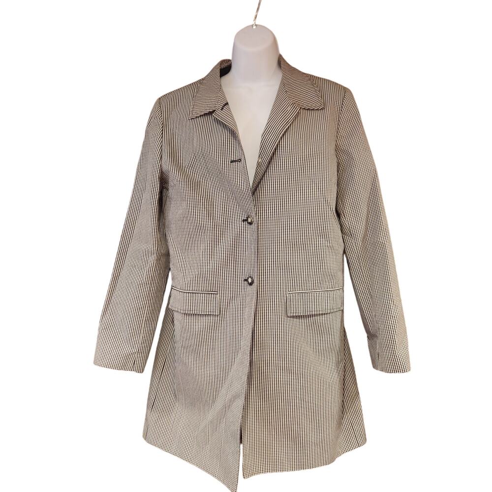 Vntg The Villager Liz Claiborne Black & White Fine Checkered Trench Jacket Sz M
